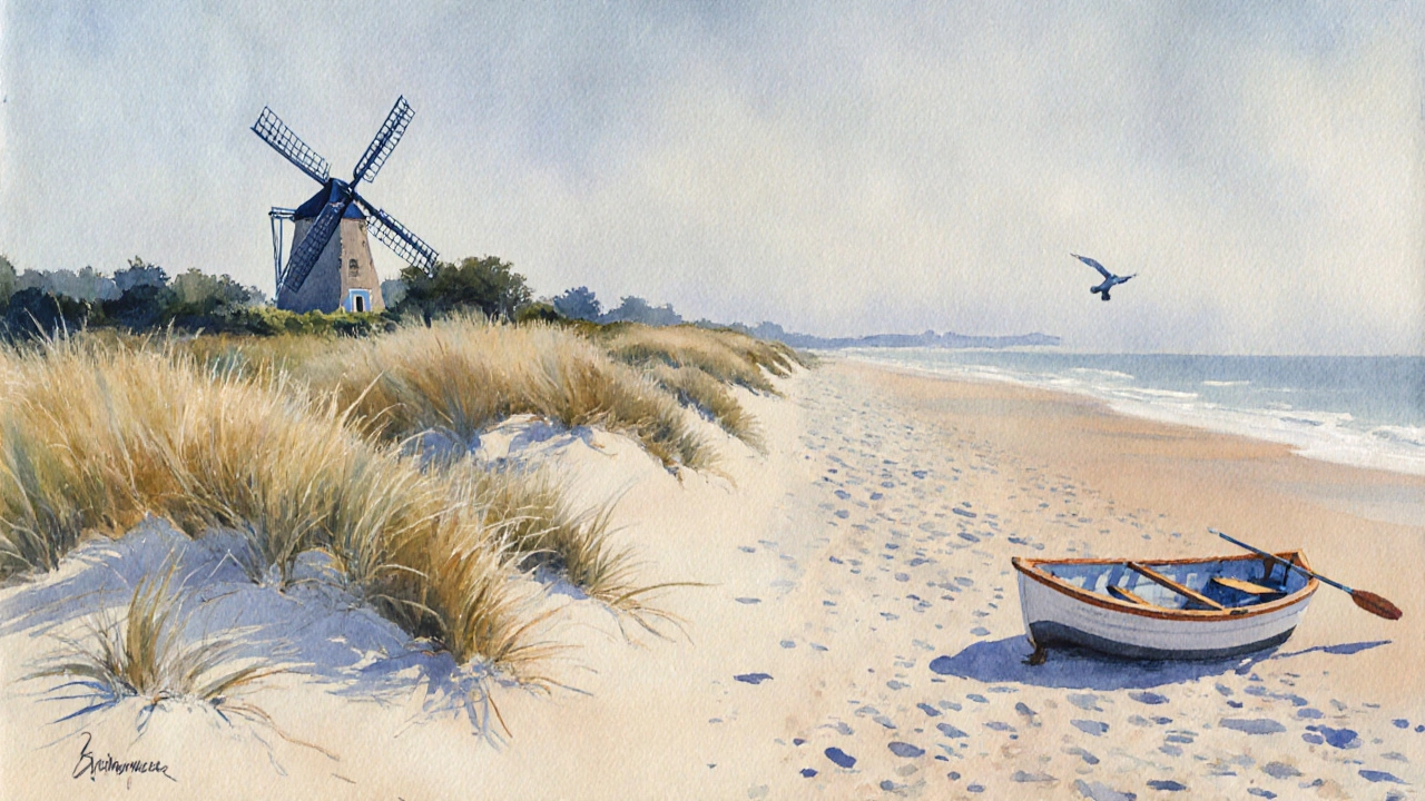A serene, empty beach at Thorpeness with dunes and a rowboat, painted in soft watercolors.