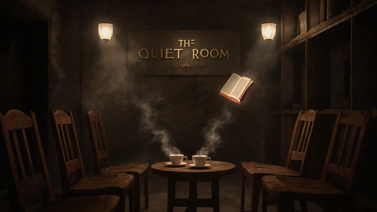 A silent basement room with floating books and steaming teacups, empty chairs in peaceful stillness.