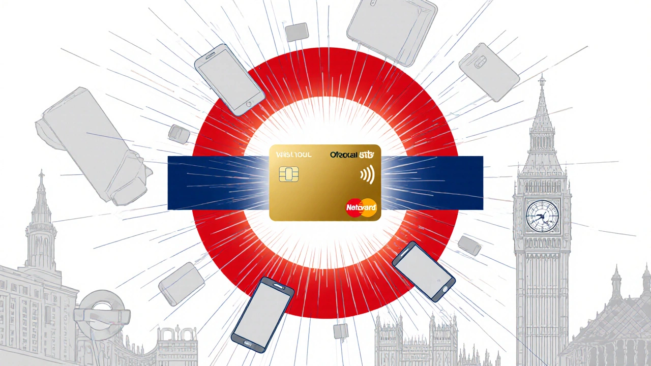 A single contactless card glows amid a tangle of conflicting payment devices, symbolizing the need to use just one.