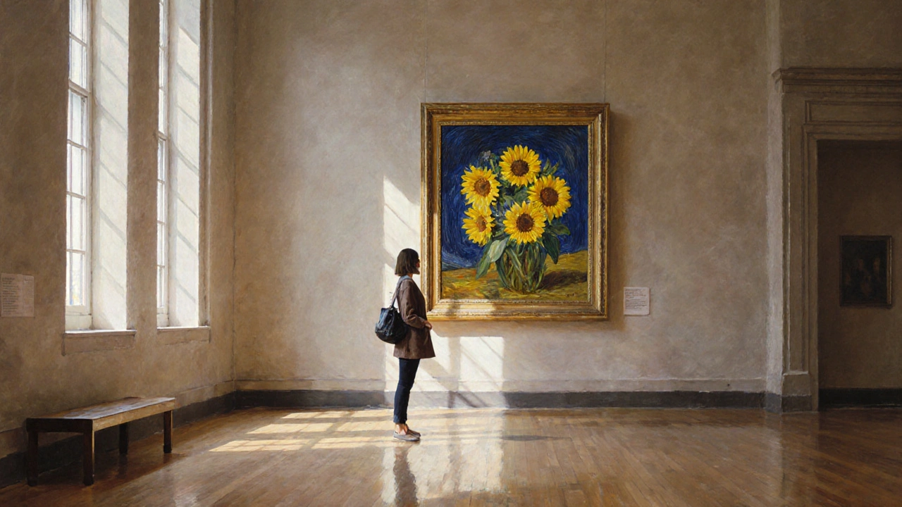 A solitary visitor stands before Van Gogh's 'Sunflowers' in the quiet, light-filled National Gallery.