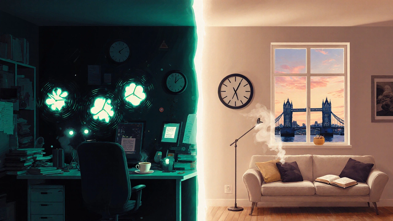 A split scene showing a chaotic office on one side and a peaceful home on the other.
