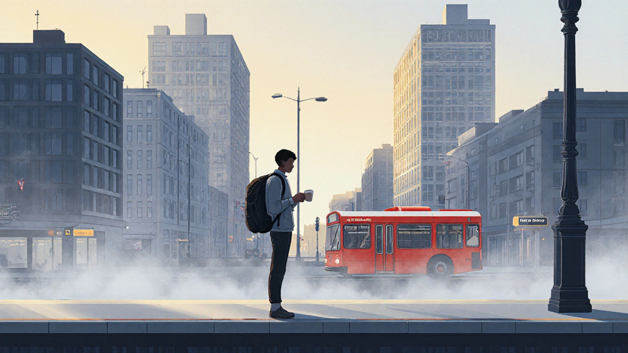 A student commuting from Brixton to KCL in the early morning, standing on a quiet station platform.