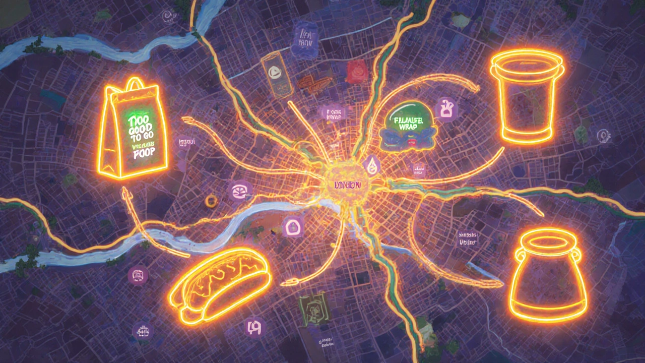 A stylized map of London showing vegan food icons connected by golden threads in a dreamy dusk setting.