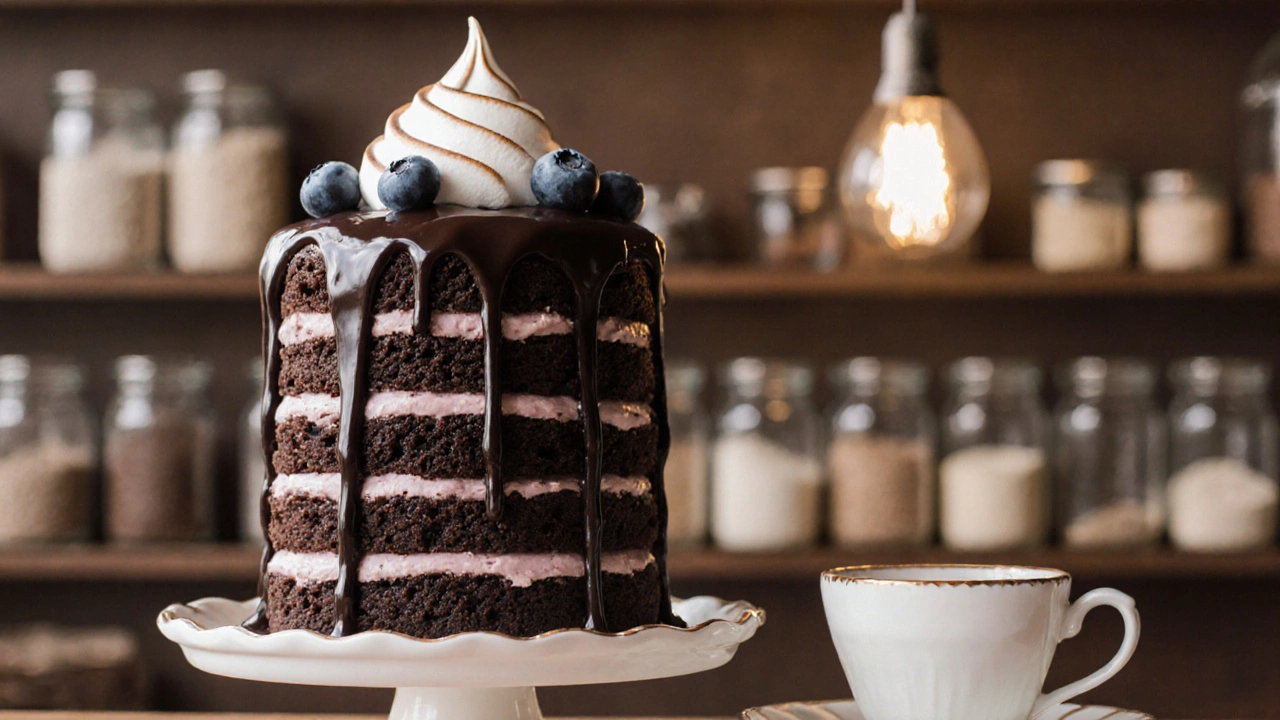 A tall chocolate fudge cake with ganache layers and meringue topping, served on porcelain with fresh berries.