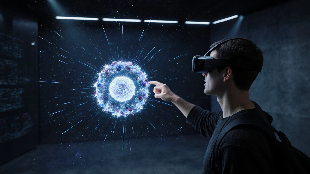 A visitor wearing AR glasses observing a quantum particle existing in two places simultaneously, surrounded by glowing data waves.
