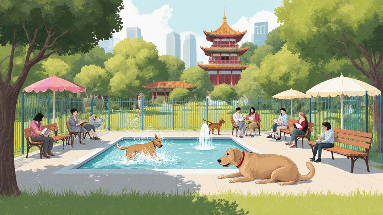 A well-organized dog run in Victoria Park with separate areas for small and large dogs, a water fountain, and owners sitting calmly on benches.