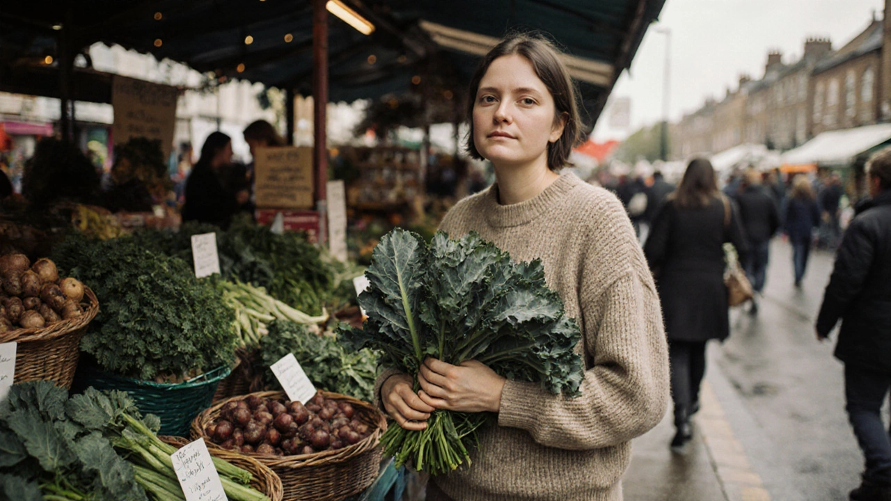 A woman buying kale at Columbia Road Market, surrounded by fresh seasonal vegetables in a bustling London market.