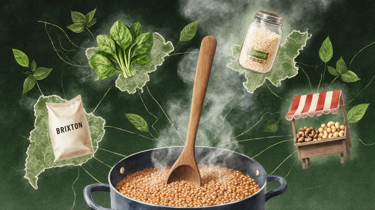 A wooden spoon stirring lentils, with faint glowing threads forming maps of London neighborhoods and vegan food icons.