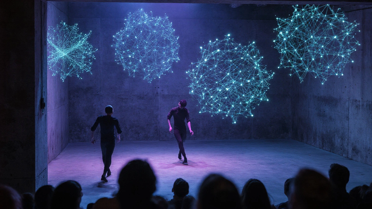 Abstract figures moving in sync with glowing brainwave patterns in a concrete bunker.