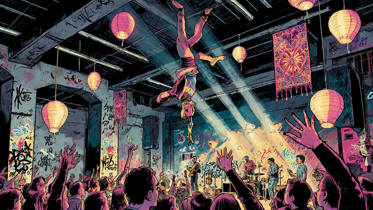 Acrobats perform above a live band in a warehouse theatre, audience in awe amid graffiti and lanterns.