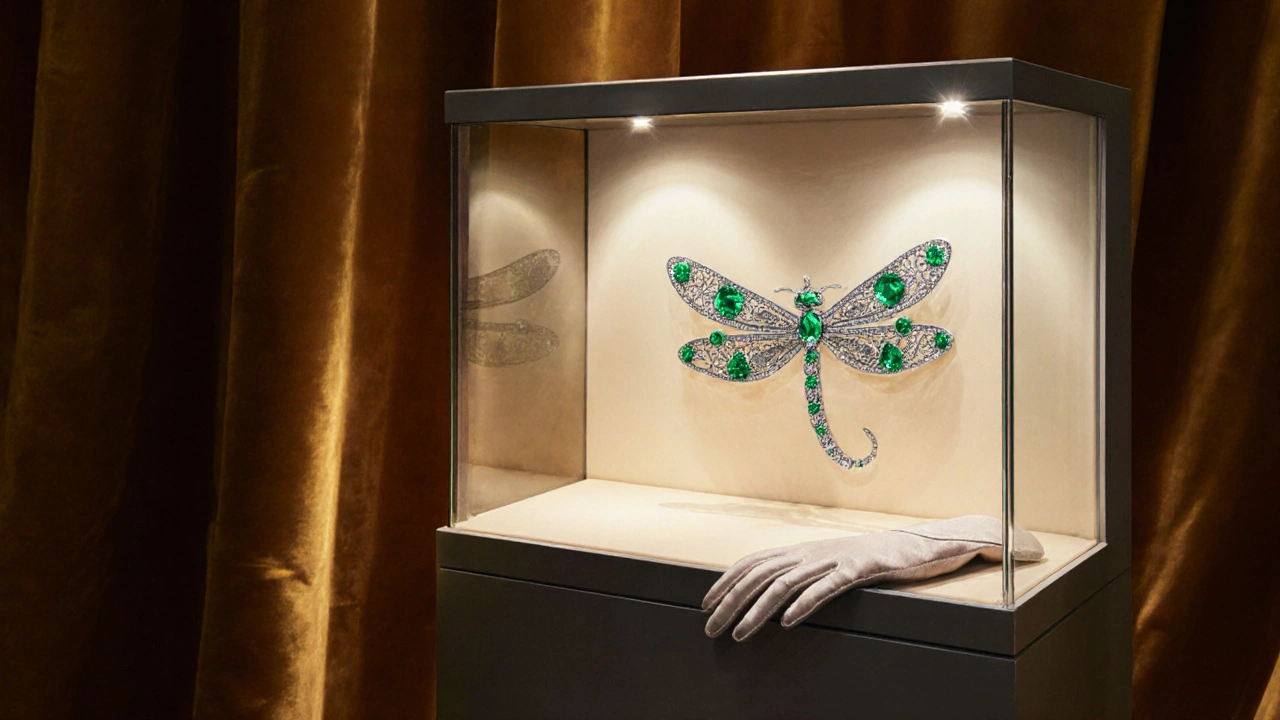 An Asprey dragonfly brooch with emeralds and diamonds glows in a luxury boutique display.