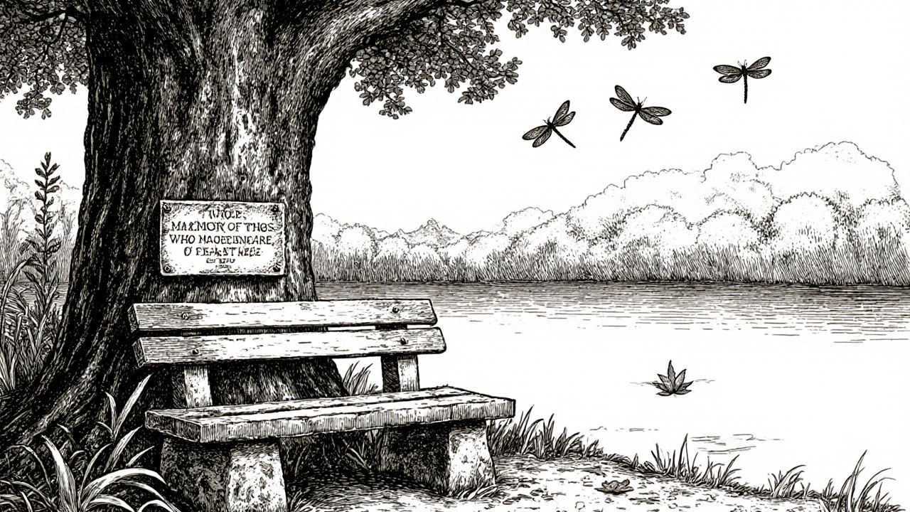 An old stone bench under a tree with a quiet plaque, surrounded by wild foliage and still pond water, evoking solitude and calm.