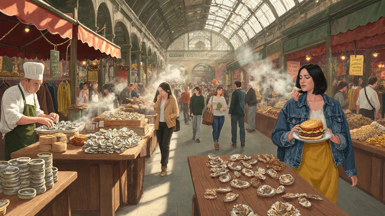 Artisan food and handmade fashion stalls under a covered market arcade with fresh pasta and ceramics.