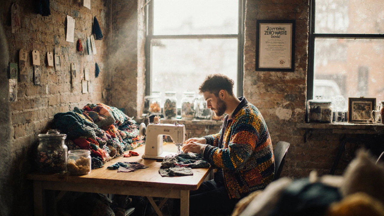 Artisan hand-sewing a unique jacket from fabric scraps in a sunlit Shoreditch studio.