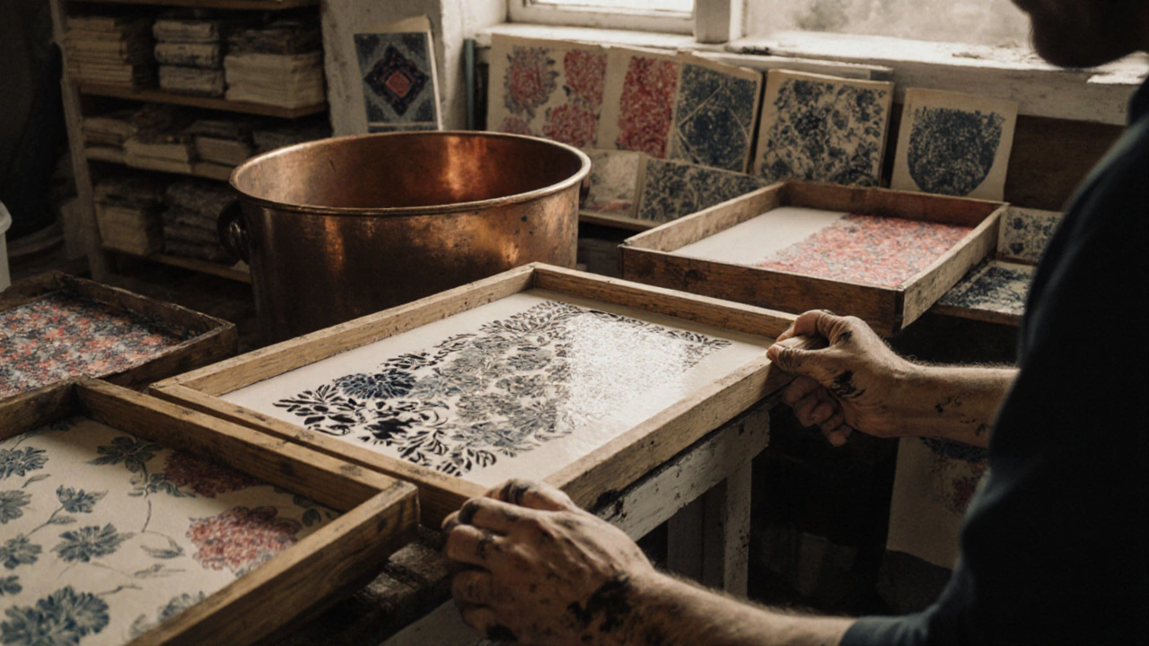 Artisans hand-printing floral fabric in Liberty&#039;s Surrey studio, wooden trays and dye vats beside them.