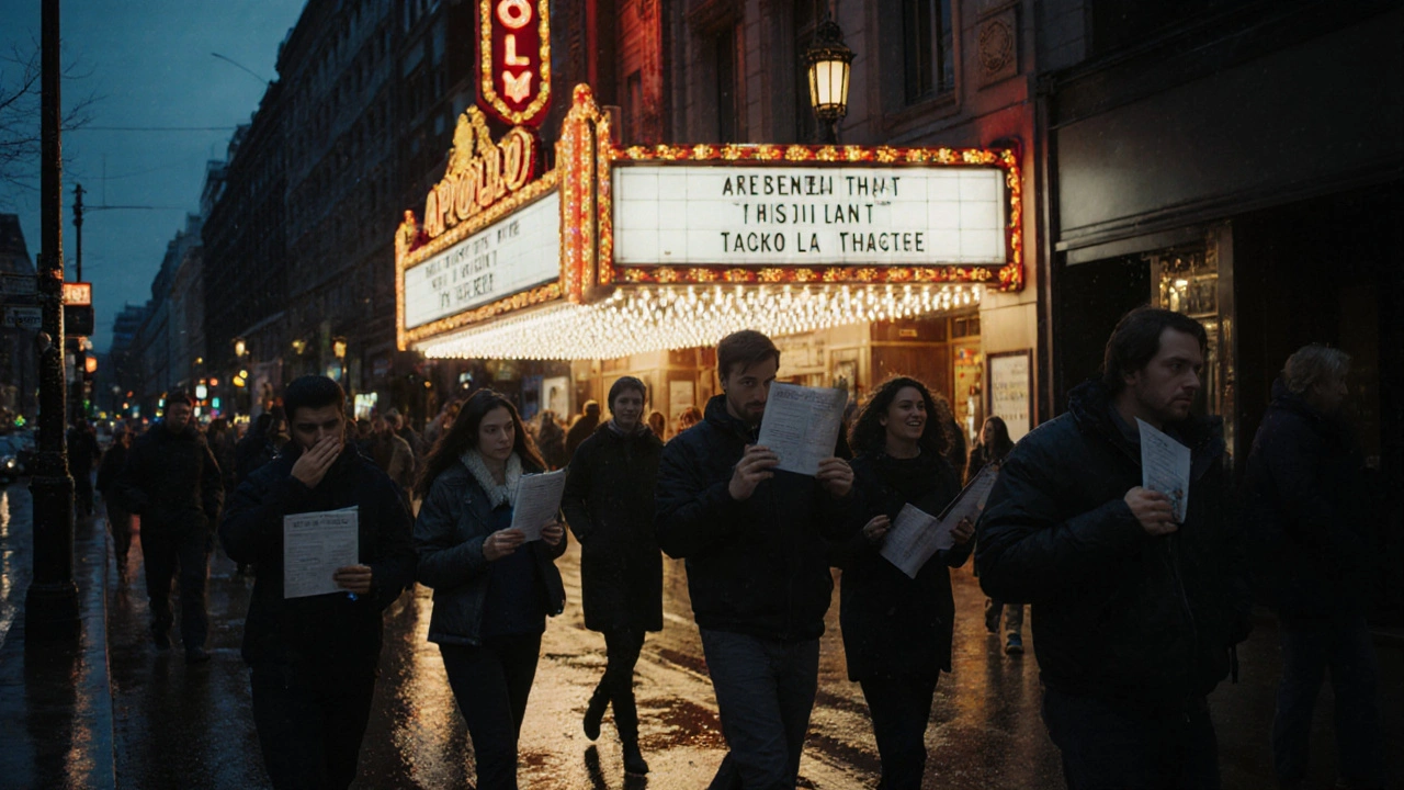 Audience members leaving the Apollo Victoria Theatre at night, holding programs under warm theatre lights.