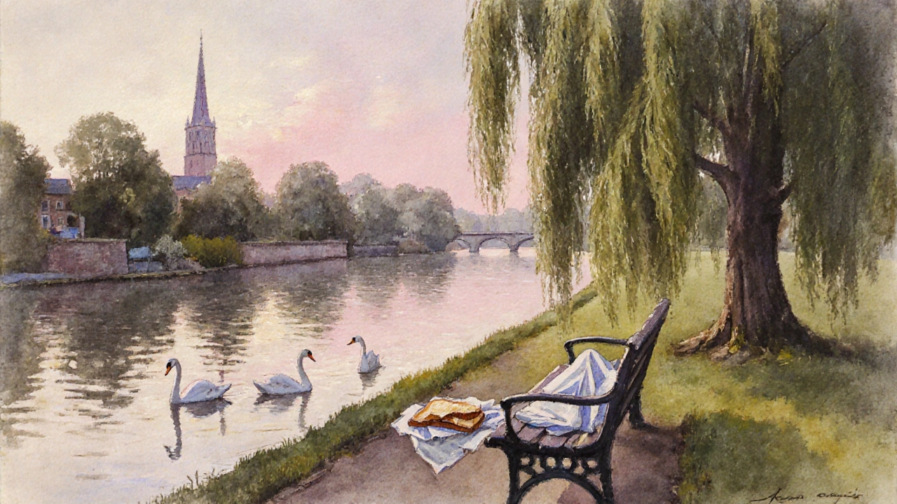 Avon River at dusk with swans and empty bench under a willow tree.