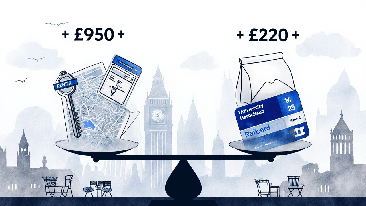 Balanced scale showing student expenses and income sources against London skyline with cultural icons.