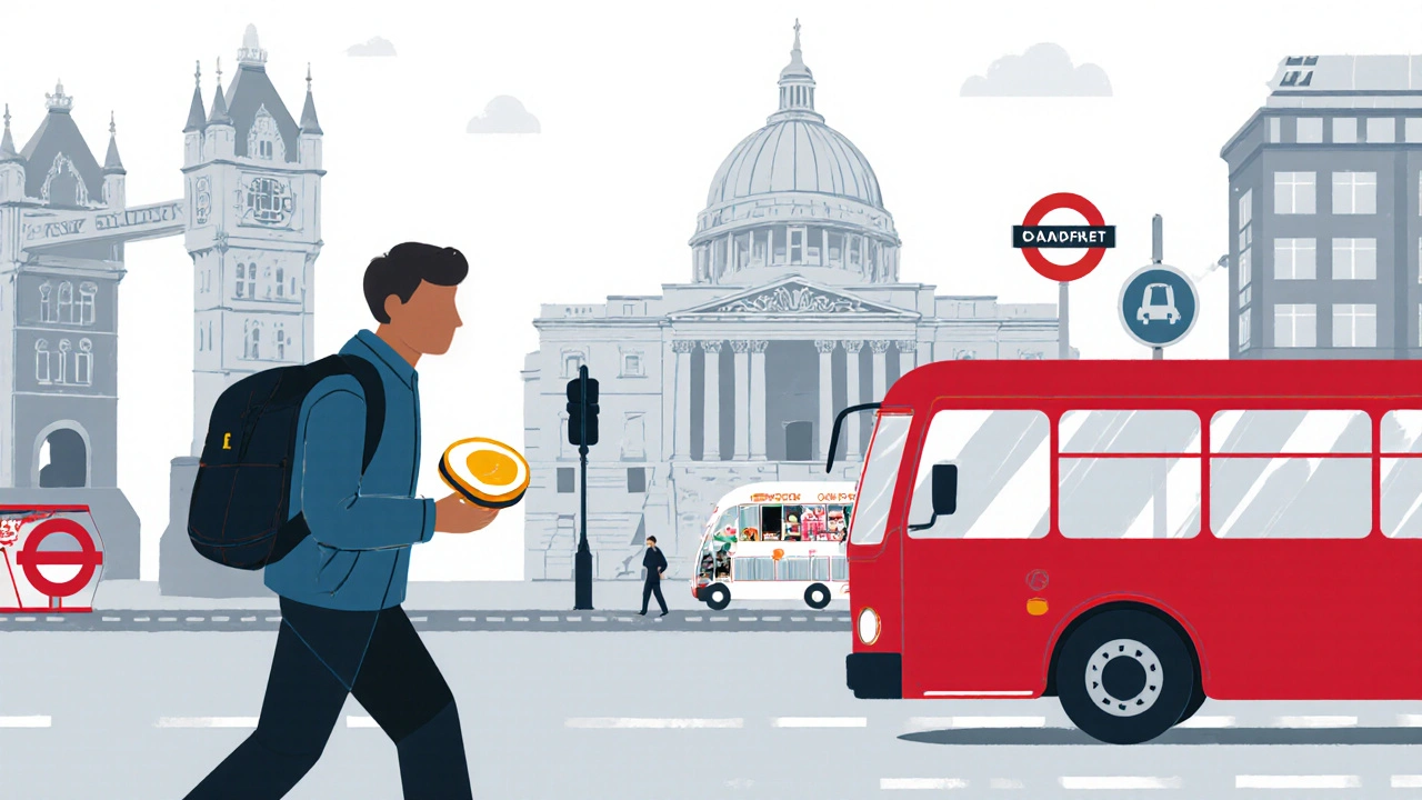 Budget traveler walking from London Bridge station with sandwich, heading to Camden Market