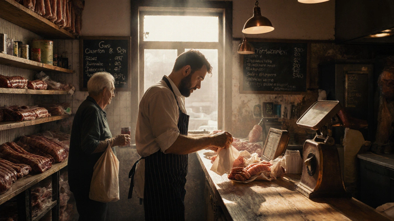 Butcher wrapping sausages by hand in paper at Clayton &amp; Son shop, elderly customer waiting.