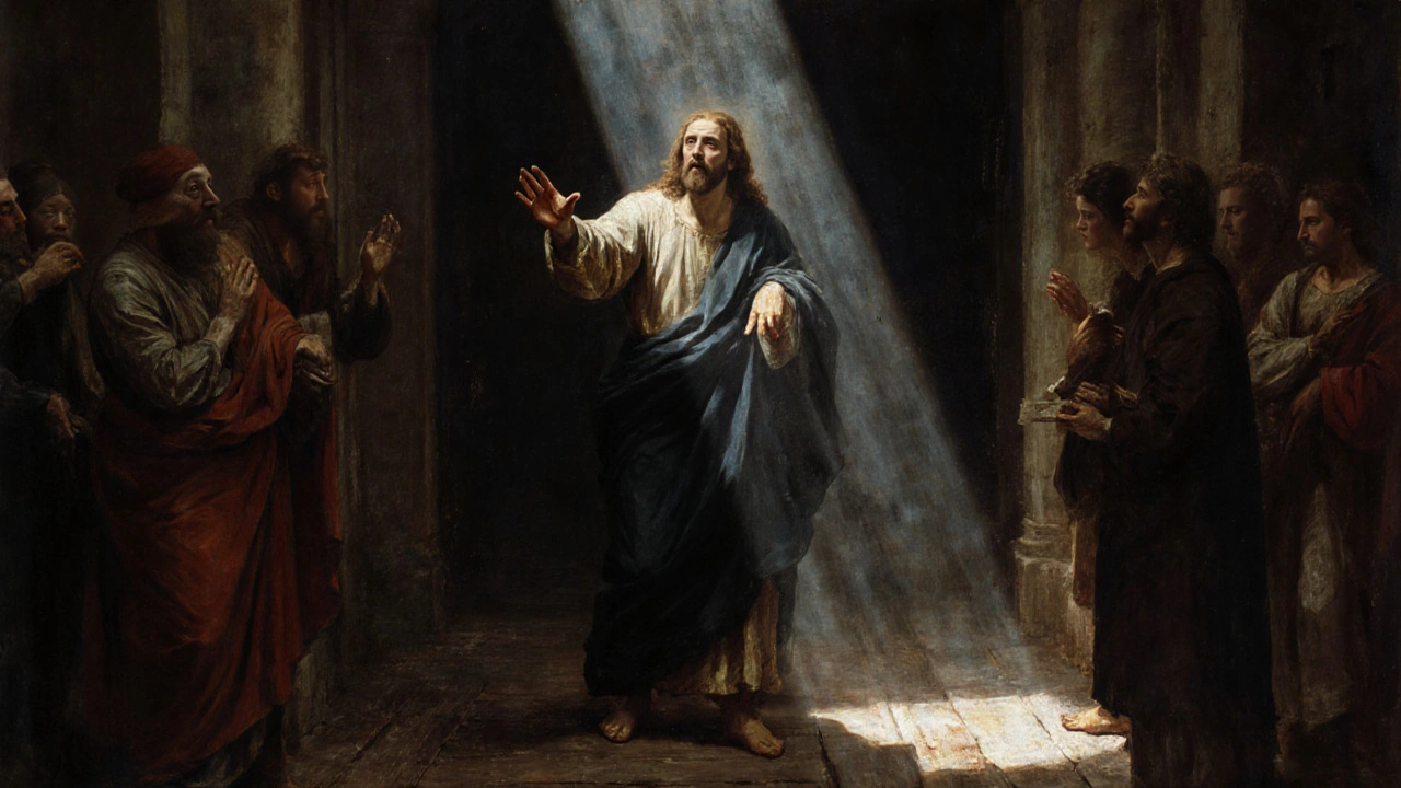 Caravaggio&#039;s dramatic scene of Saint Matthew being called by divine light in a dark interior.