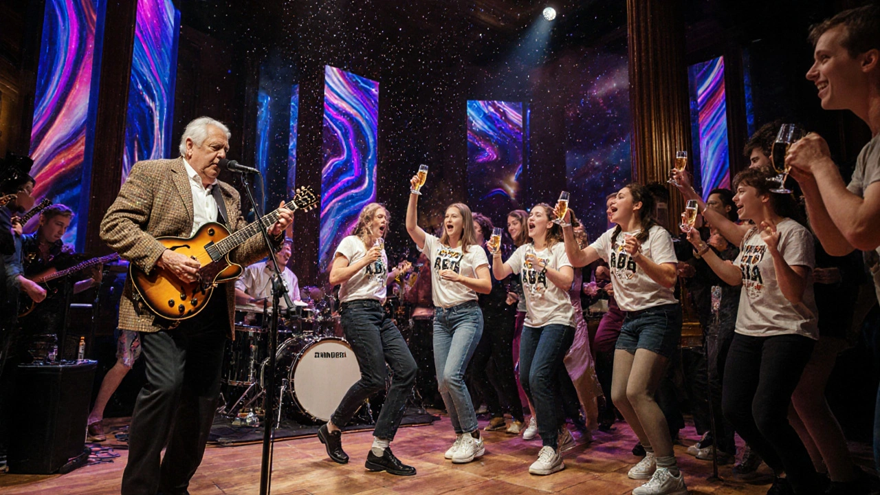 Cast and audience dancing together in the theatre lobby after the show, celebrating with live music and champagne.