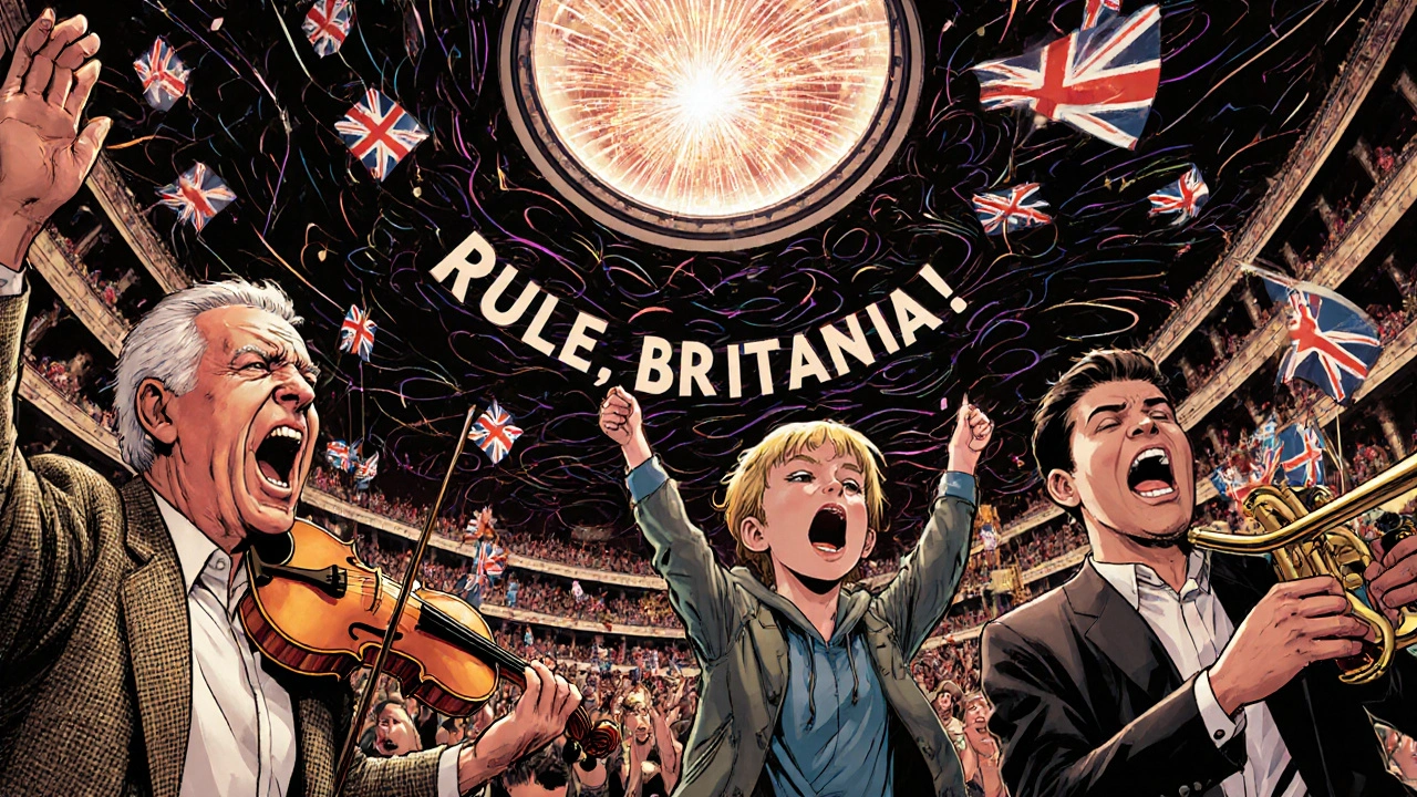 Celebratory Last Night of the Proms with crowd singing, fireworks, and orchestra performing under the dome.