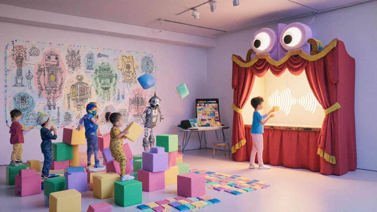 Children build a city from foam blocks in the Young V&amp;A&#039;s interactive Play Lab.