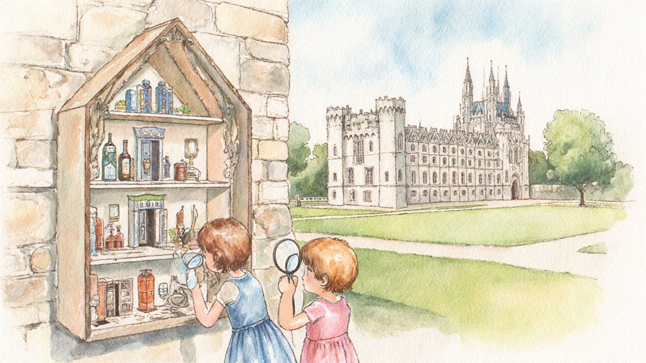 Children examining tiny details in Windsor Castle&#039;s dolls&#039; house.