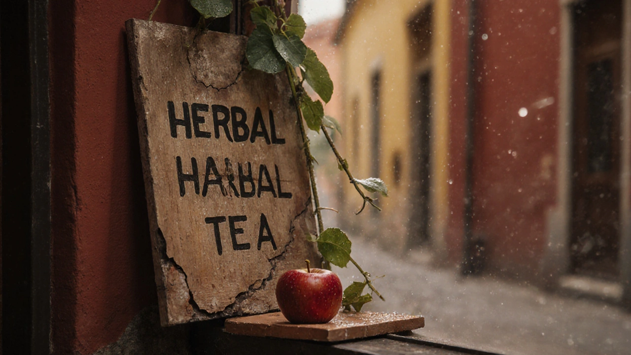 Close-up of a faded herbal tea sign, cracked tile, and red apple on a windowsill in a historic London courtyard.