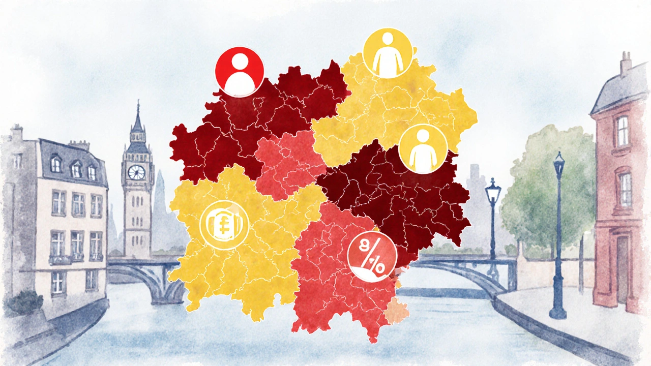 Color-coded map of London boroughs showing council tax rates for Band D properties with discount icons.