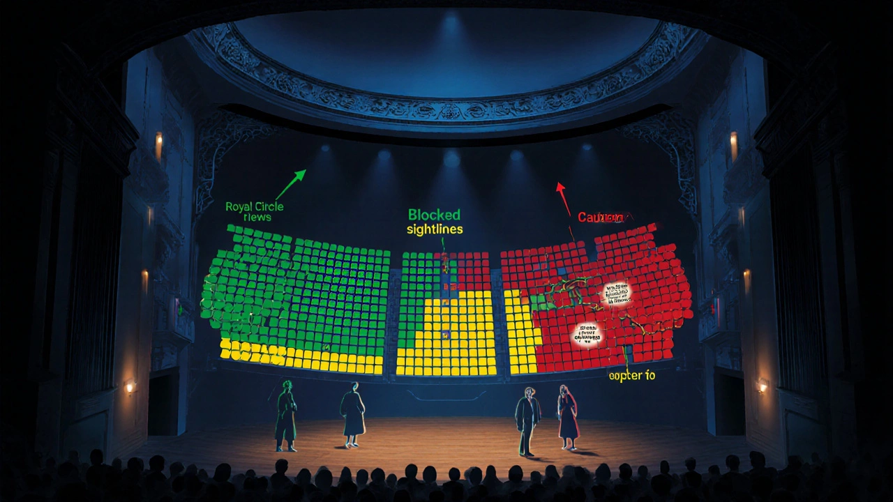 Color-coded theatre seating map overlaid on auditorium, highlighting optimal, caution, and blocked seats with glowing indicators.