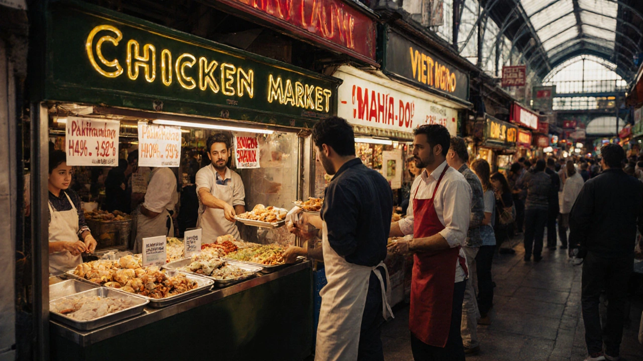 Colorful food stalls in Camden Market offering wraps and banh mi with half-price signs at dusk.