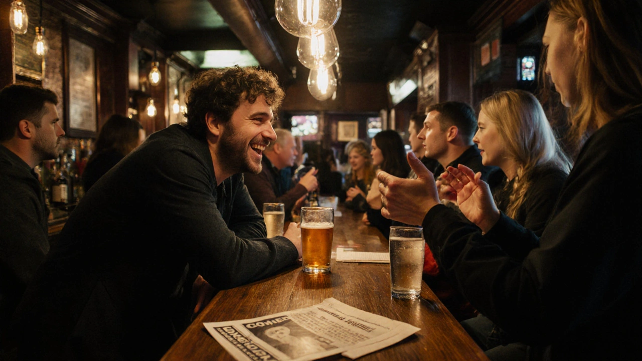 Comedians and patrons chatting at the bar after a show, sharing drinks and stories in a warm, casual atmosphere.