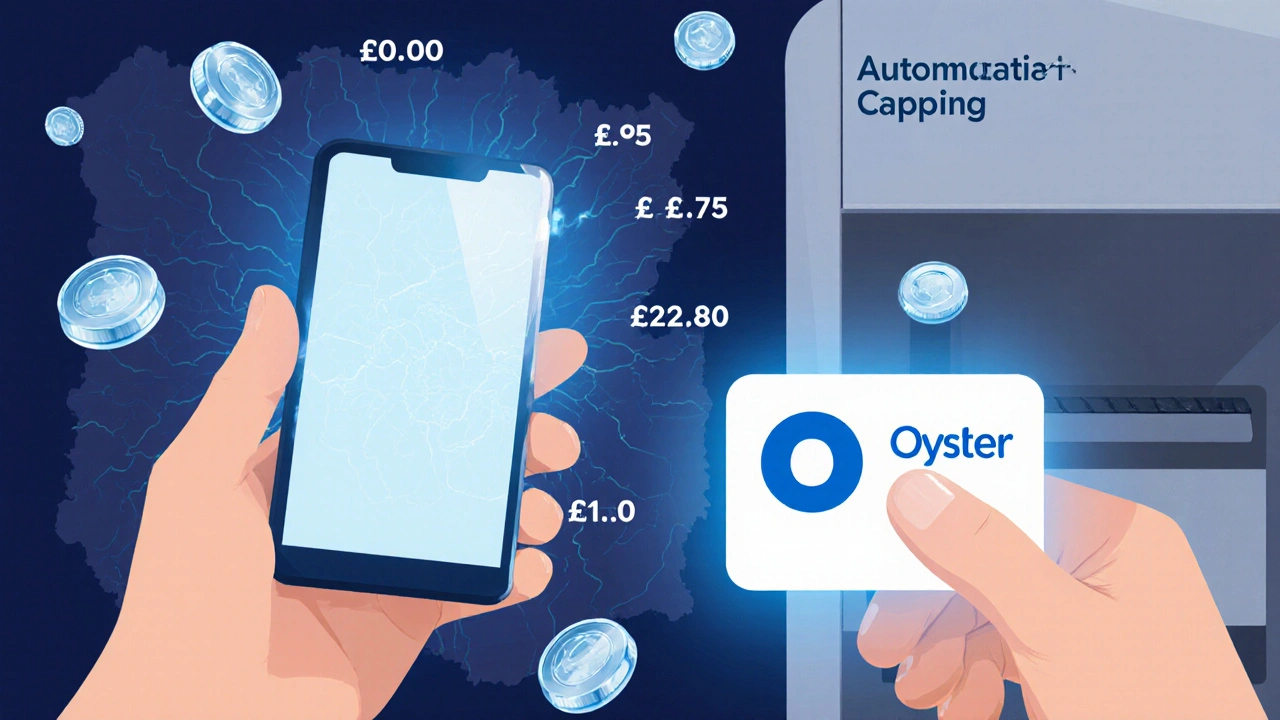 Contactless phone and Oyster card tapping together with fare values dissolving into zero
