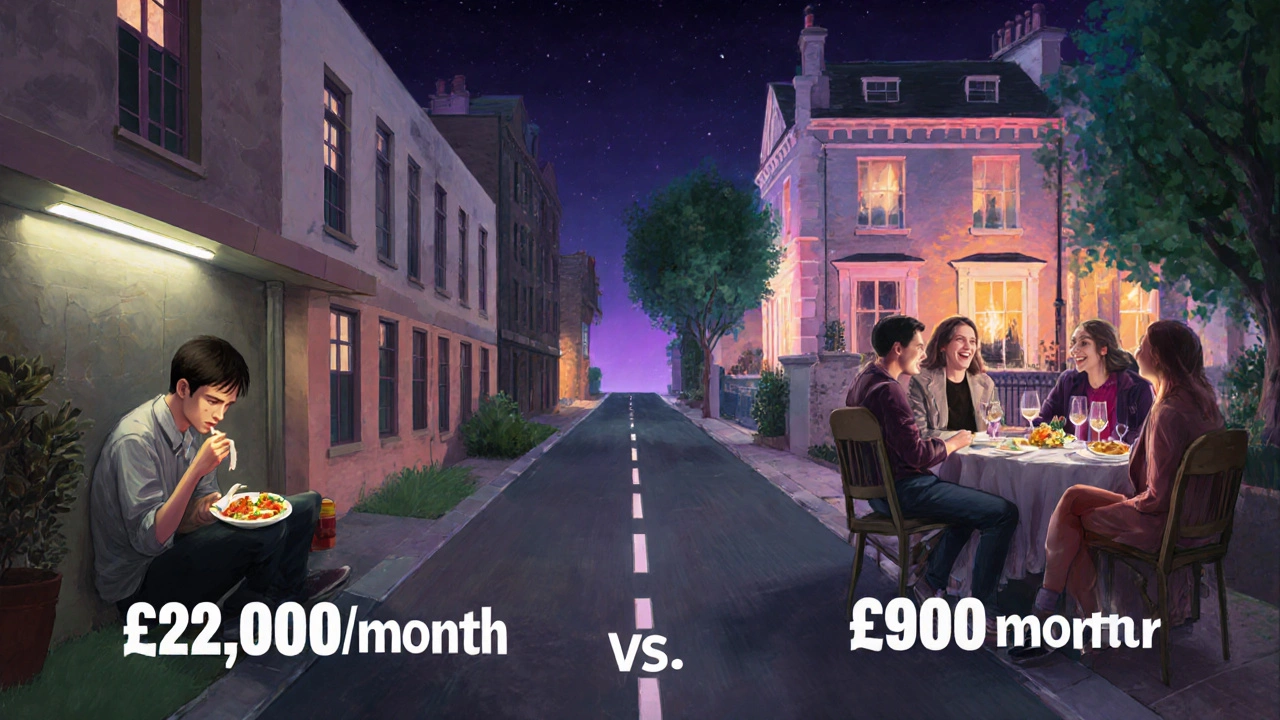 Contrasting scenes of a lonely student in an expensive hall versus happy flatmates in a shared house.