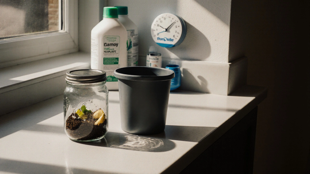 Countertop with compost bin, refillable containers, and water-saving devices in a London kitchen.