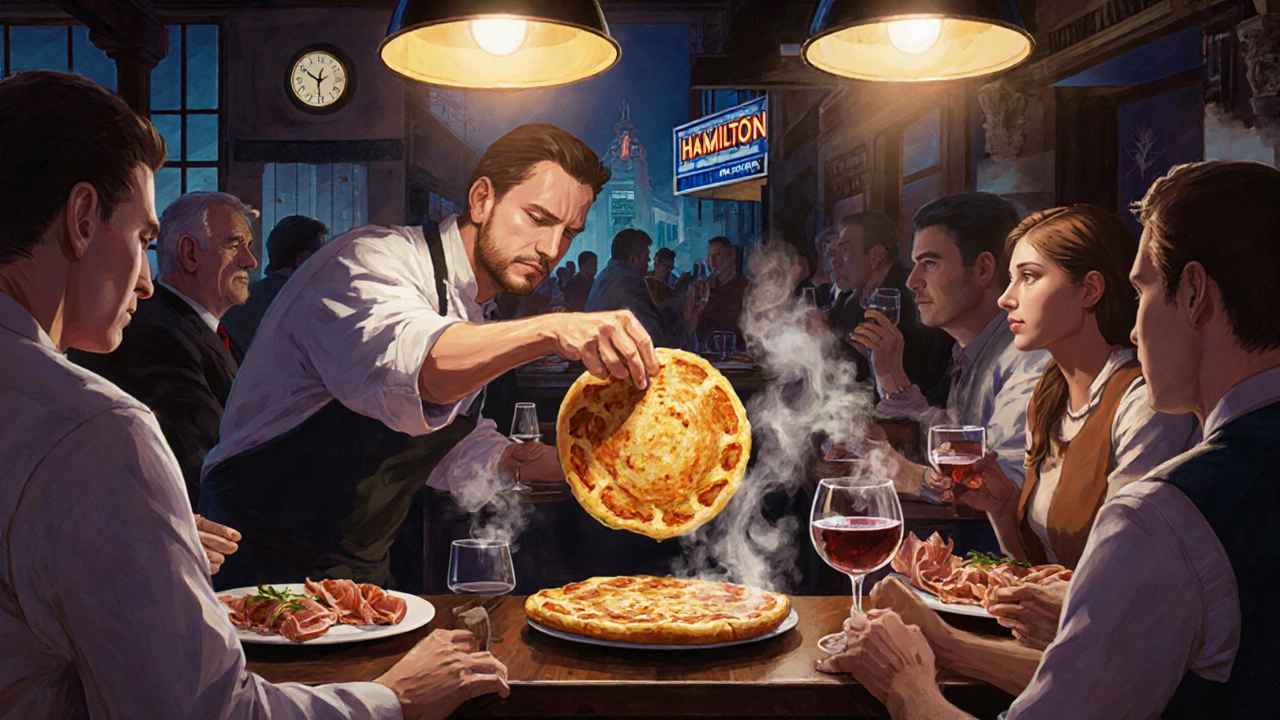 Couples and friends dining at a bustling Spanish tapas bar with a chef preparing tortilla española under bright lights.