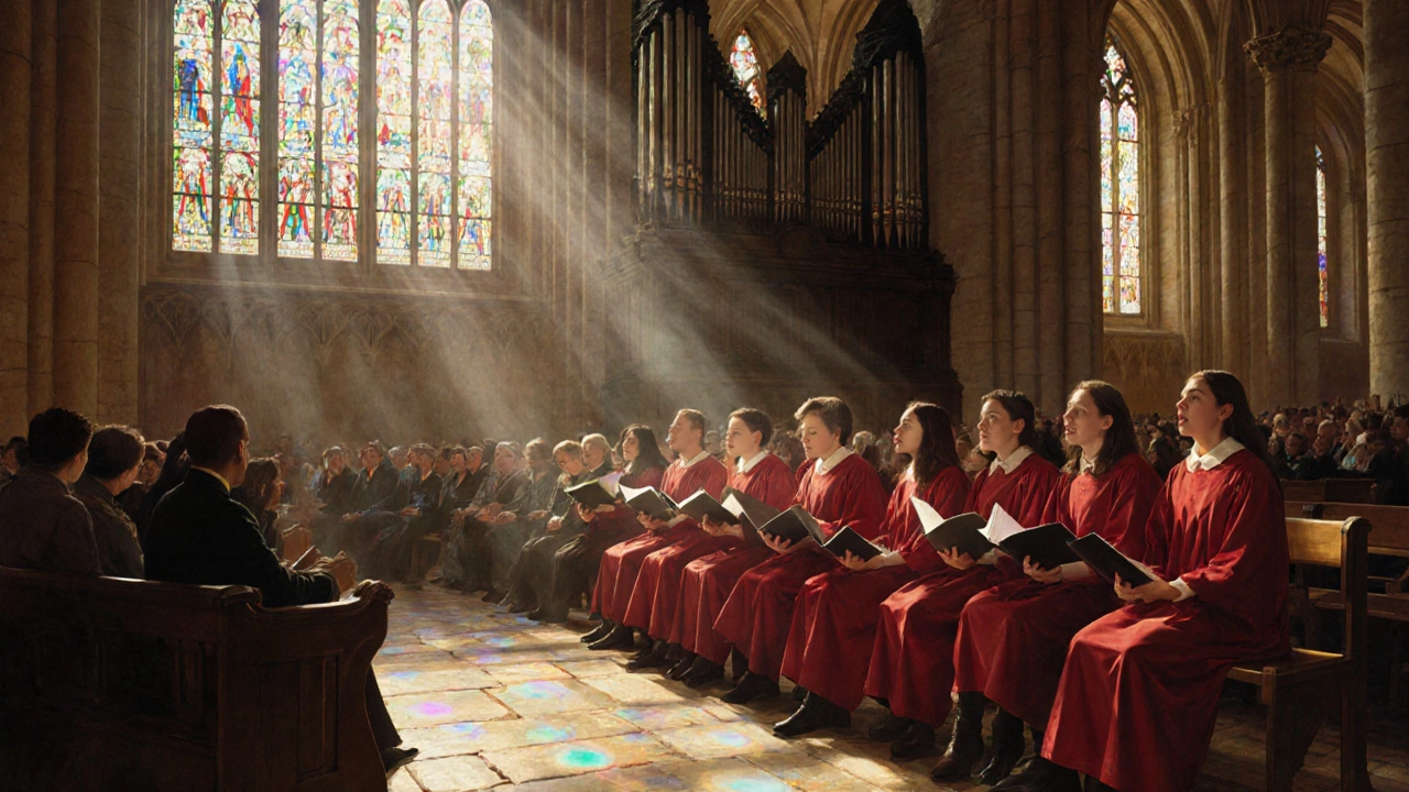 Crowd sitting quietly in Westminster Abbey during Easter Sunday service with stained-glass light glowing.