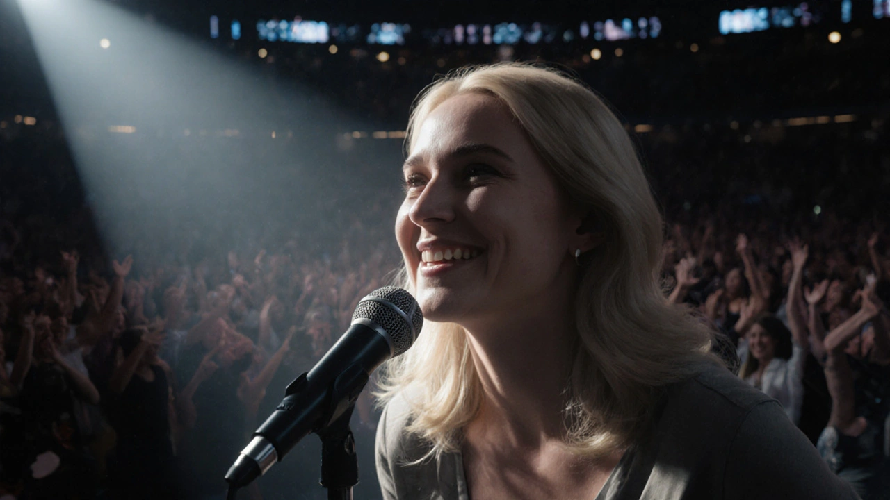 Digital Agnetha smiling tearfully under a spotlight during a concert, her face softly lit as the crowd fades into darkness behind her.