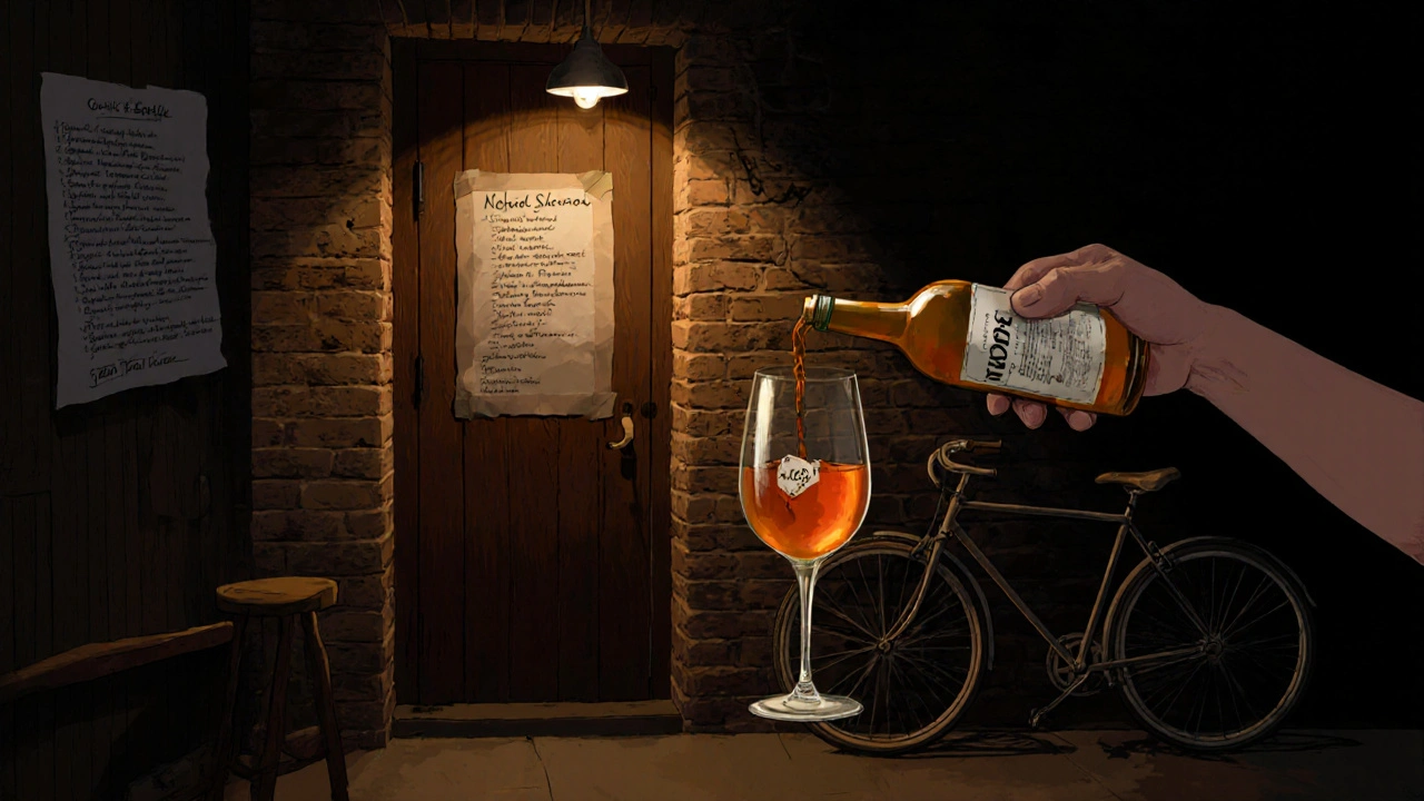Dim basement wine bar with handwritten list and amber orange wine being poured.