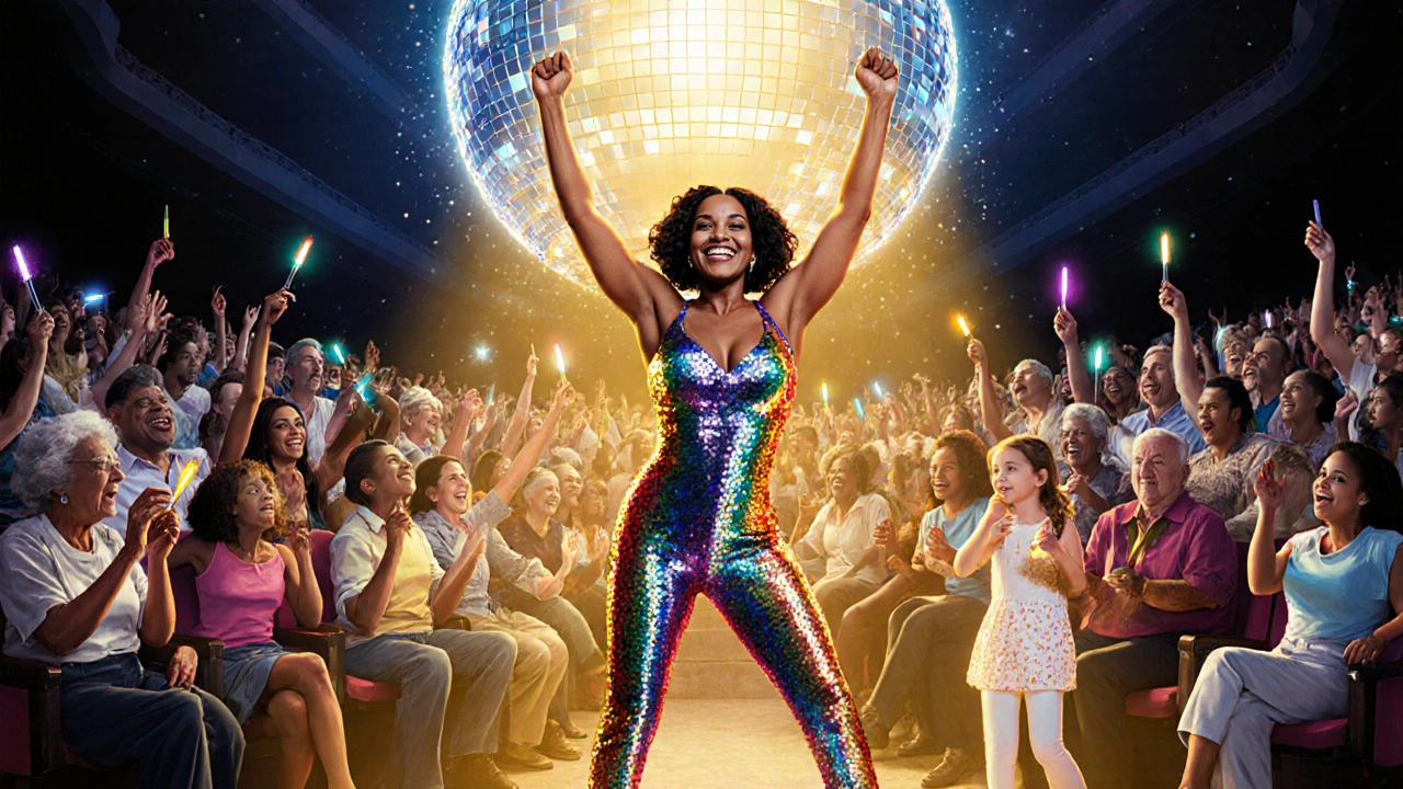 Diverse cast performing on stage under dazzling disco lights as a joyful, multigenerational crowd dances in delight.