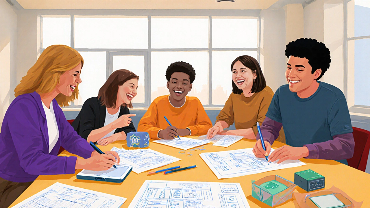 Diverse students collaborating on design projects in a studio with prototypes on table.