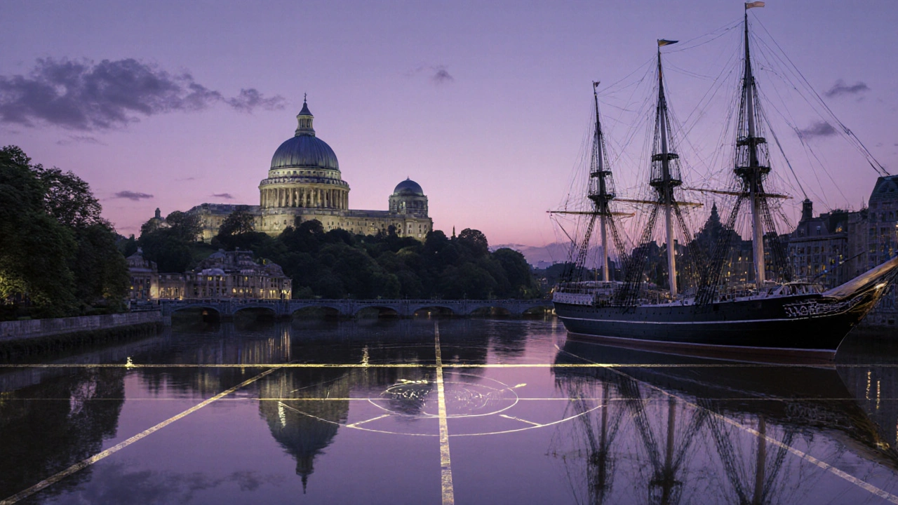Dusk view of the Old Royal Naval College dome reflected in the Thames, with Cutty Sark and Royal Observatory in the distance.