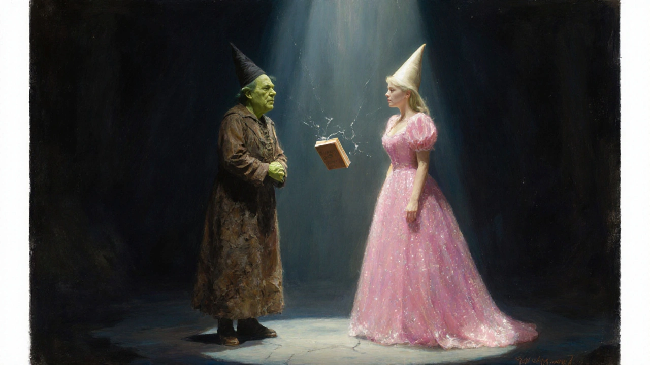 Elphaba and Glinda standing apart on stage, their contrasting costumes reflecting their fractured friendship.