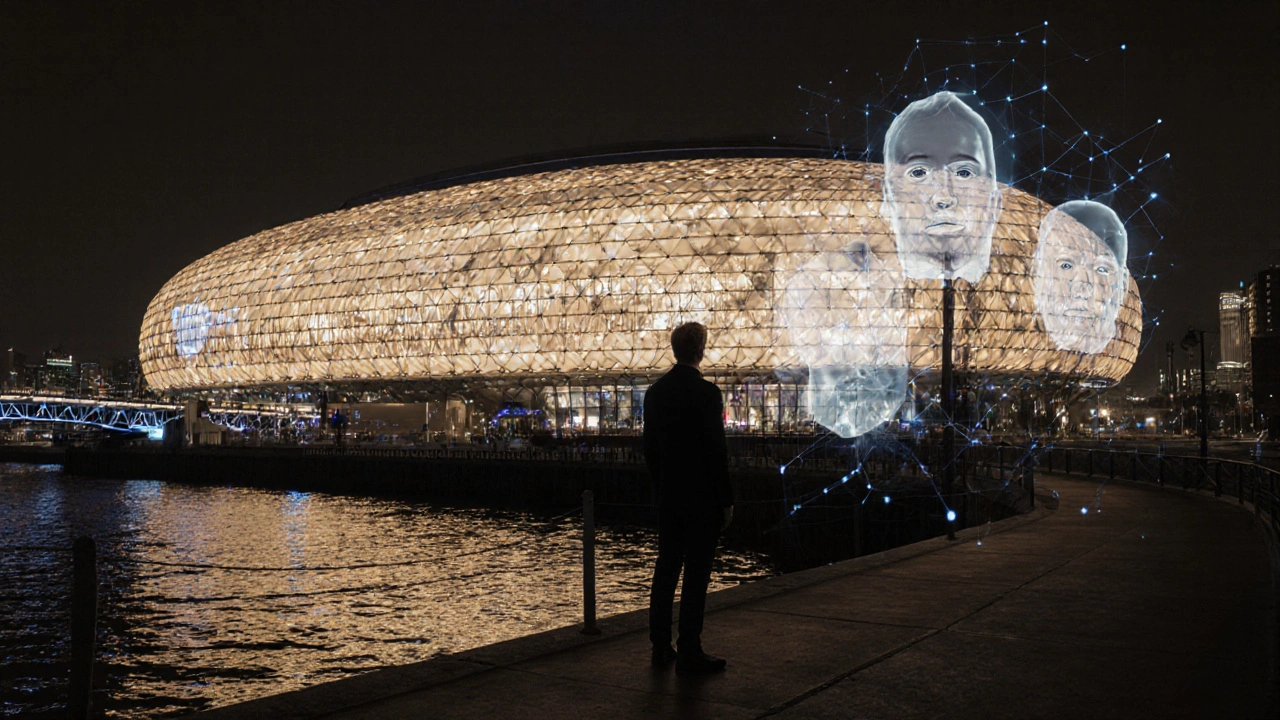 ExCeL London building at night, illuminated from within, with the Thames reflecting its lights as a person gazes from the riverwalk.