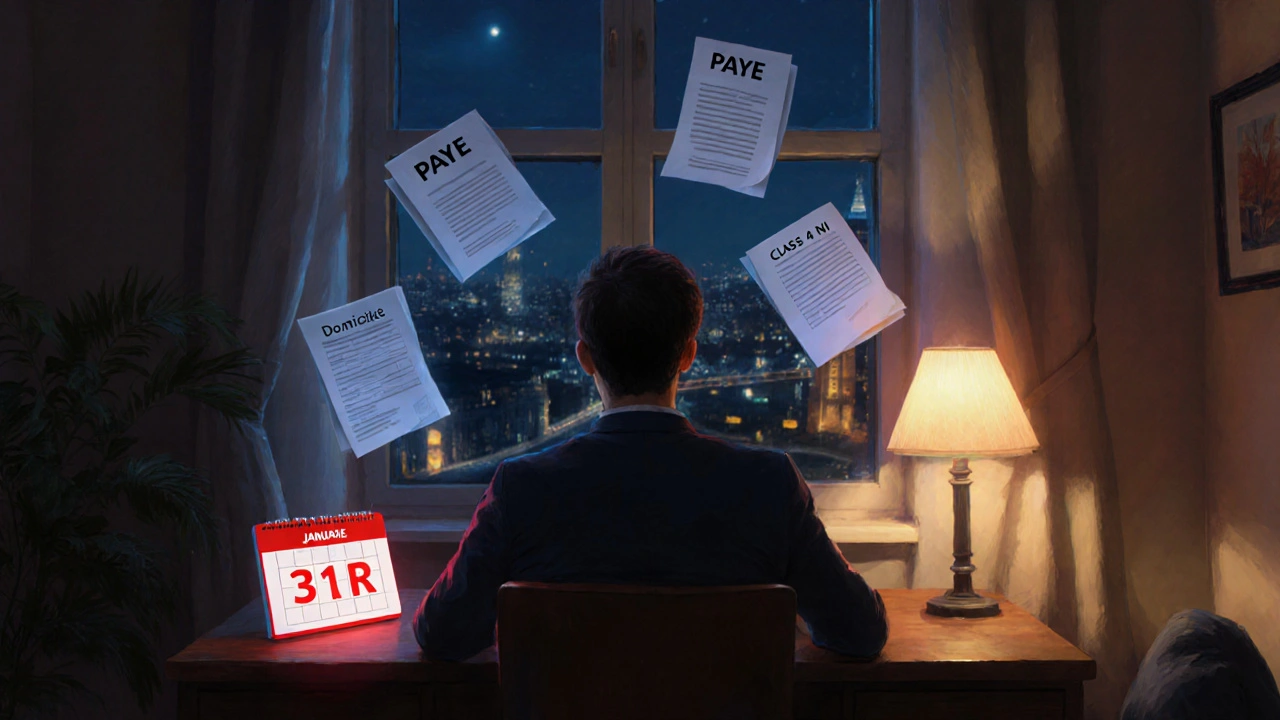 Expatriate at desk surrounded by floating tax documents under lamplight in a London flat.