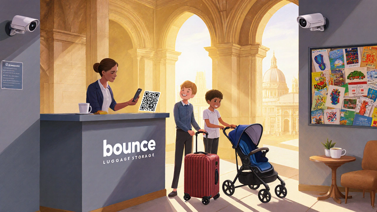 Family dropping off suitcases and stroller at Bounce storage near V&amp;A Museum with staff assisting.