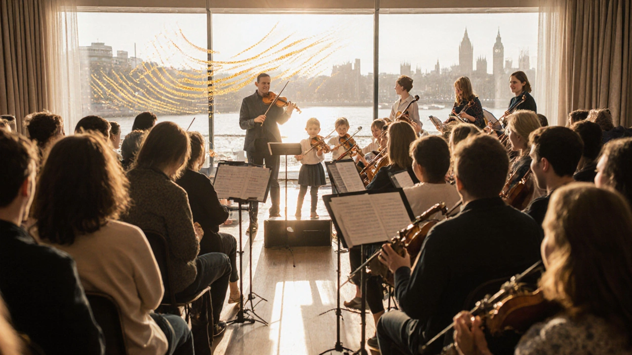 Family-friendly concert at Southbank Centre with children playing orchestra music by Thames windows.