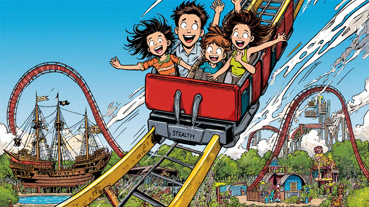 Family riding a roller coaster at Thorpe Park with kids&#039; area below.